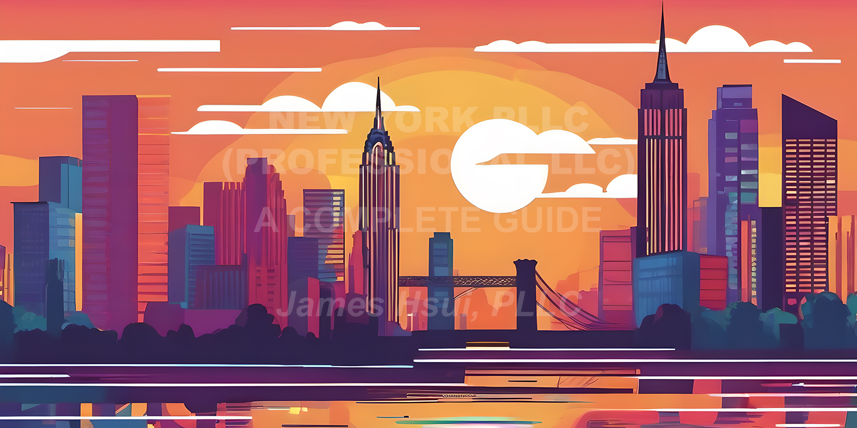 'New York PLLC (Professional LLC), A Complete Guide' superimposed on an image of a New York skyline with corporate buildings at sunset