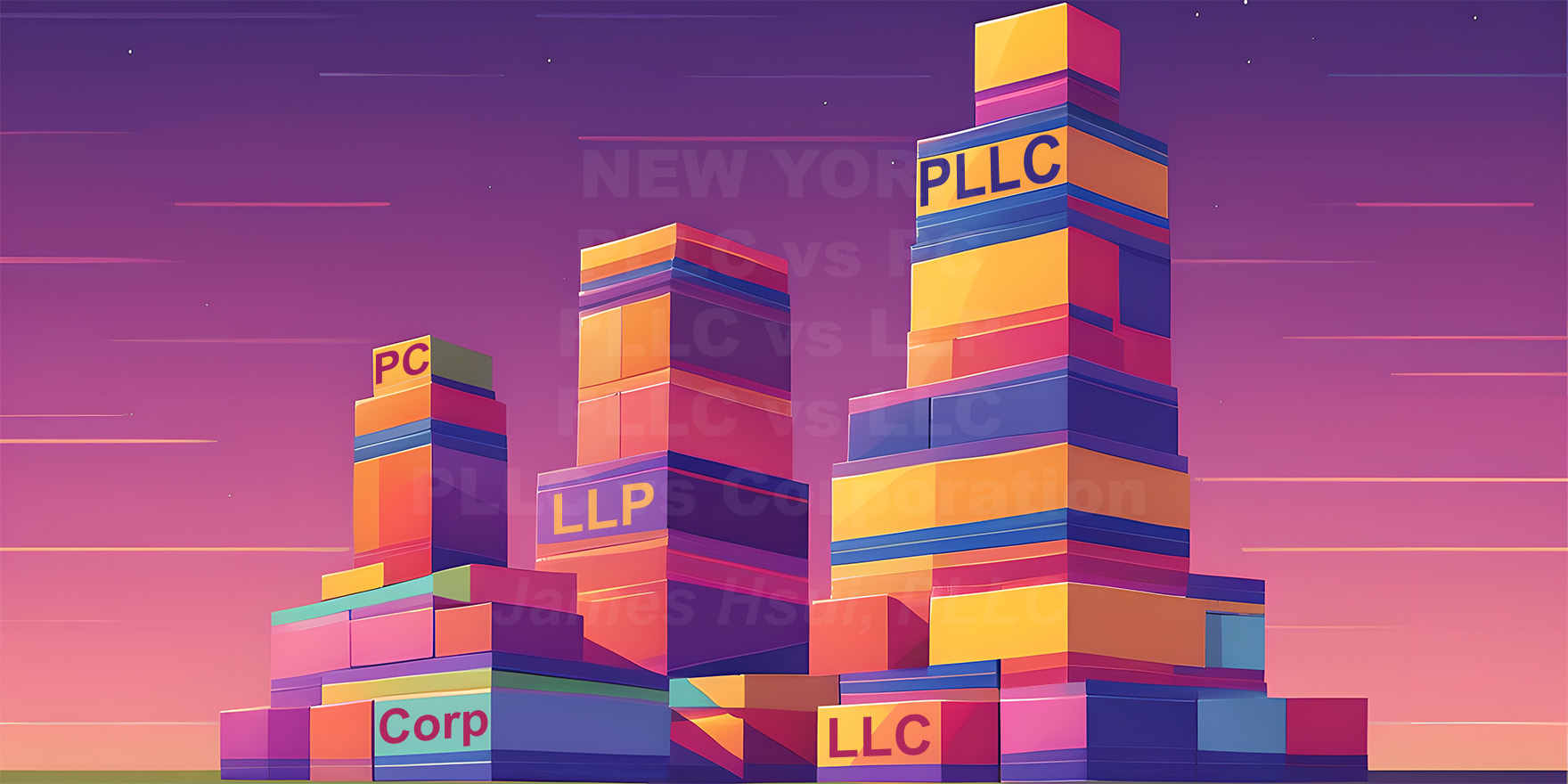 'New York PLLC vs PC, PLLC vs LLP, PLLC vs LLC, PLLC vs Corporation' superimposed on three building block towers with 'PLLC' as the highest block, 'PC' as the next, 'LLP' as the next, and 'LLC' and 'Corp' as the lowest.