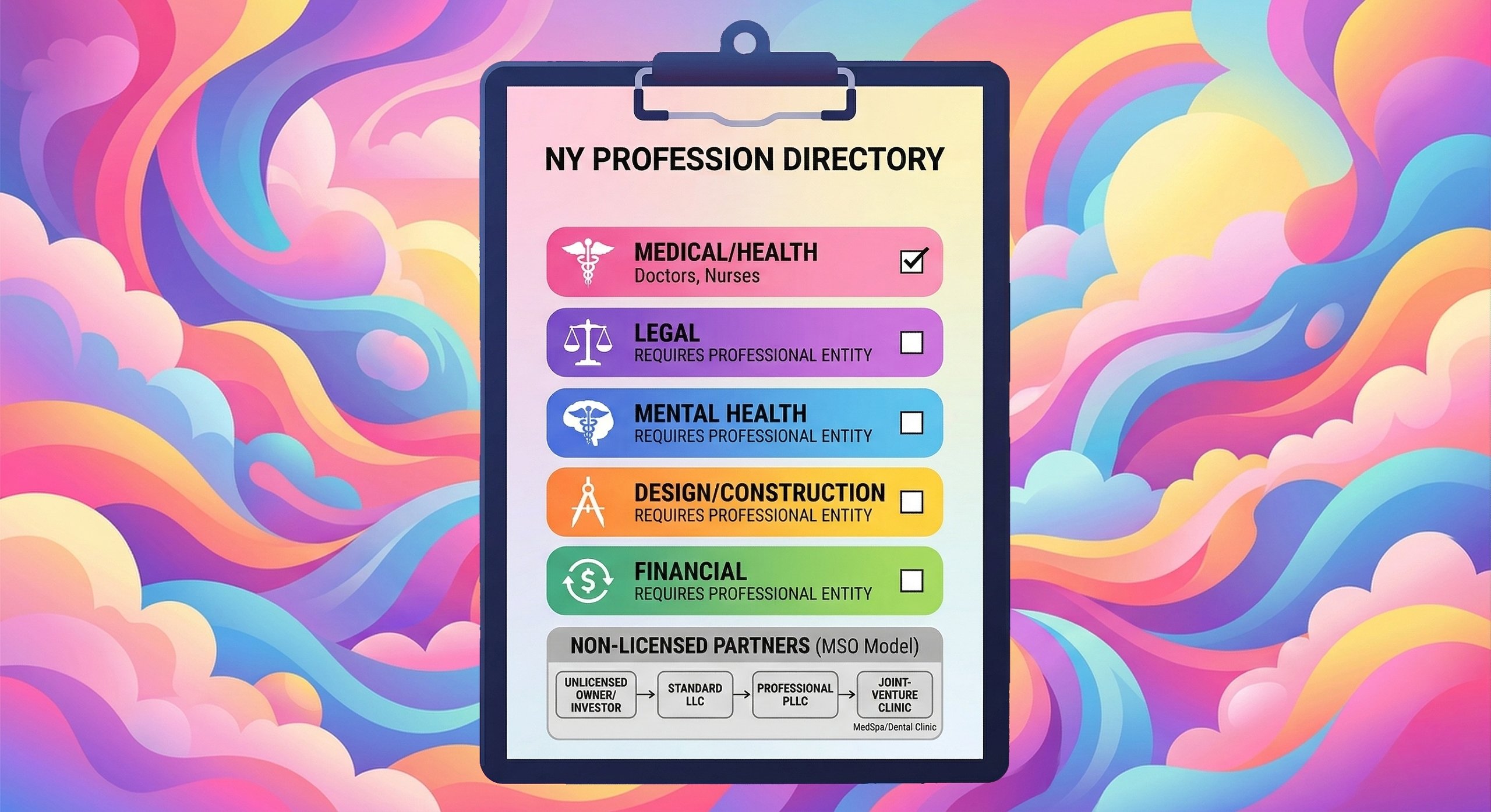 A clipboard graphic displaying the directory of New York licensed professions—including medical, legal, mental health, design, and financial fields—that are legally required to form a PLLC, PC, DPC, or LLP