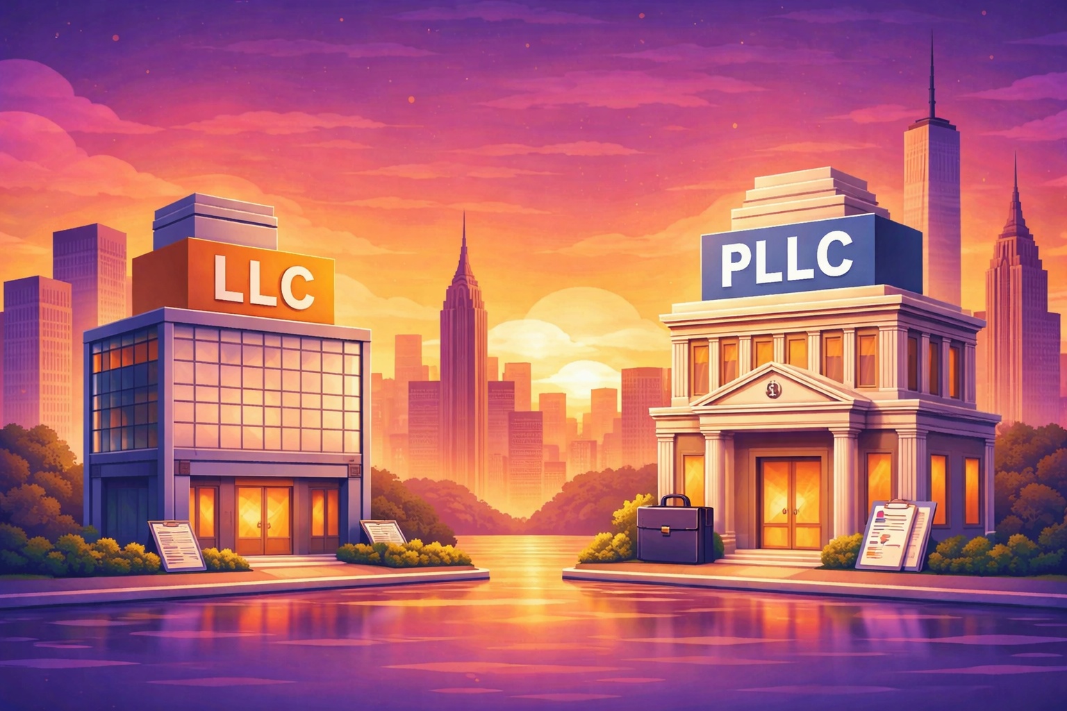 Diagram showing the a New York LLC and a Mew York PLLC separated by a river against the NYC skyline.